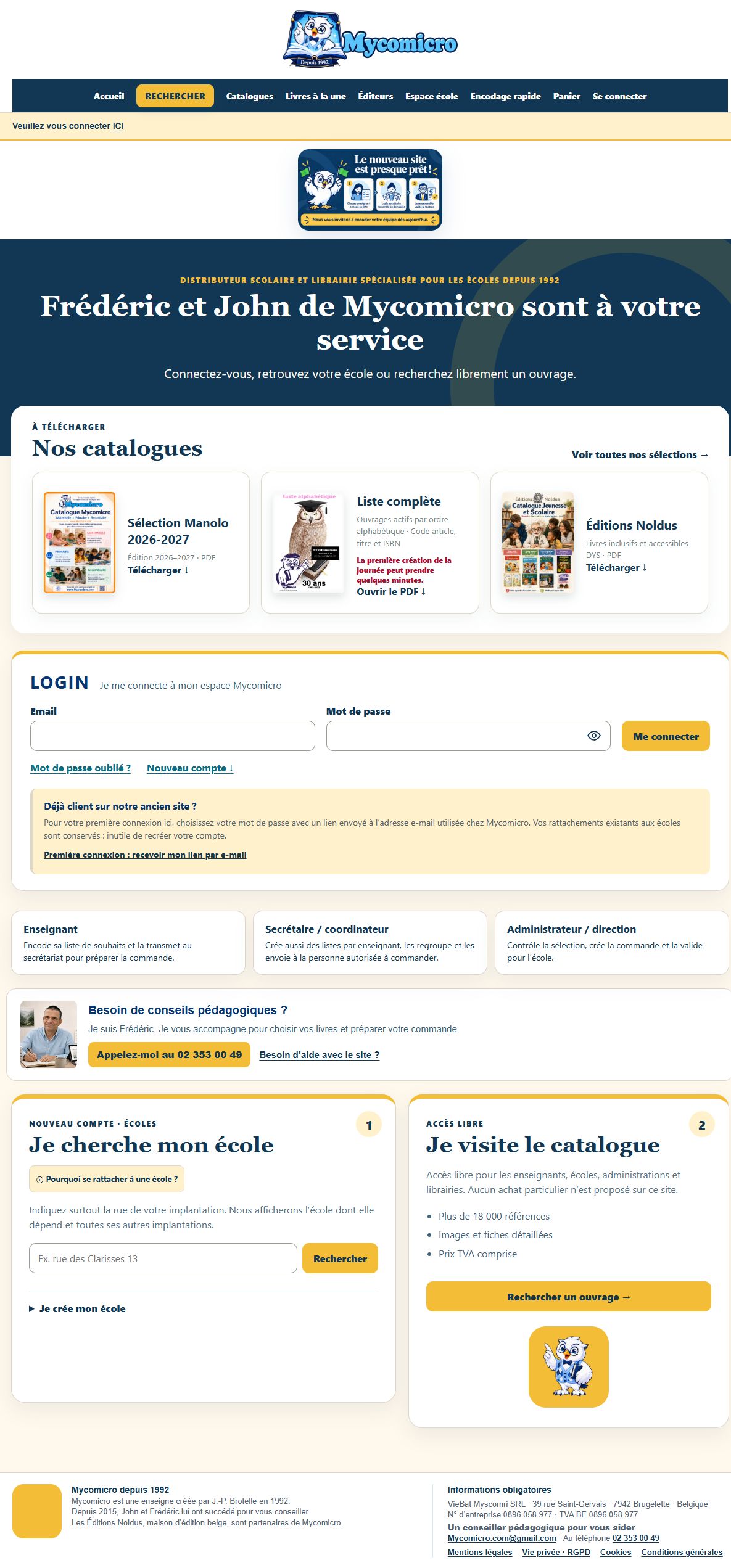 Aperçu du nouveau site Mycomicro.be : catalogues, connexion et recherche d’école